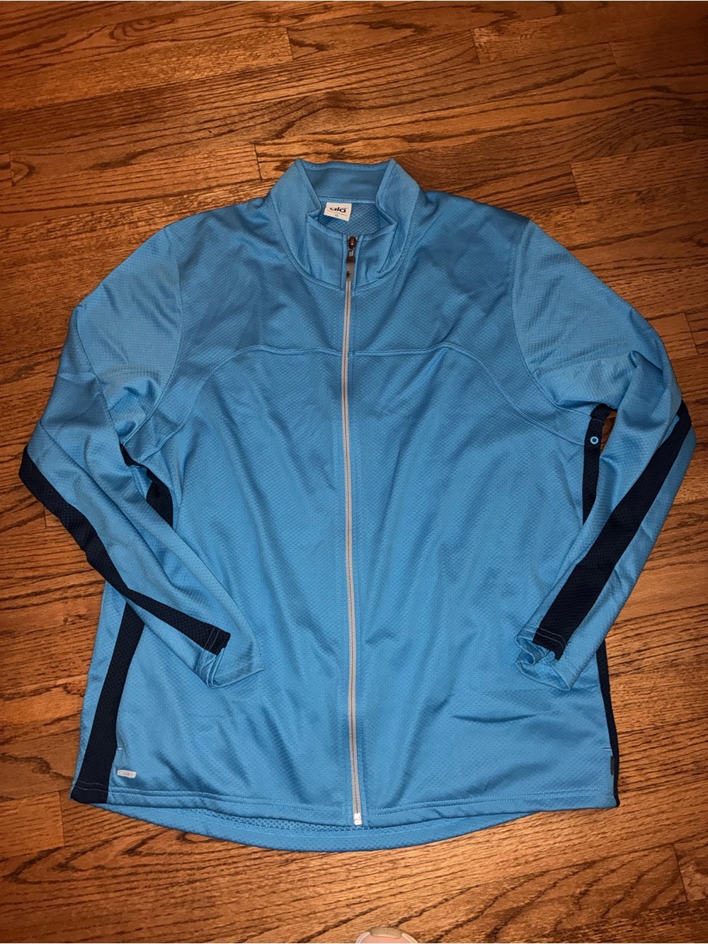 ALO Yoga Light Blue Full-Zip Jacket with Navy Stripes
